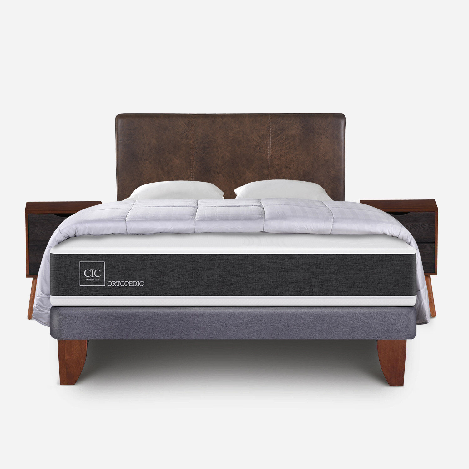 Cama Europea 2 Plazas Ortopedic Base Normal + Almohadas + Plum&oacute;n + Set Baker