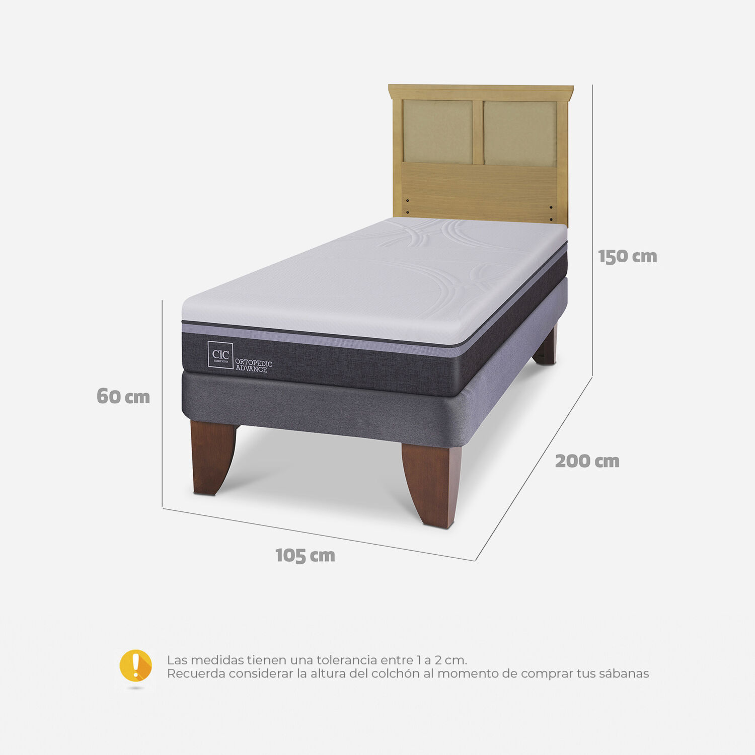 Cama Europea 1,5 Plazas Ortopedic Advance + Respaldo Torino Mostaza