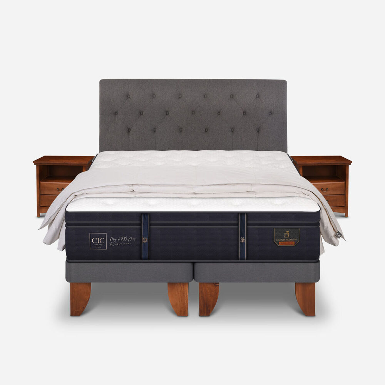 Cama Europea 2 Plazas Grand Premium Base Dividida + Set Kavery + Plum&oacute;n 100% Pluma de Ganso