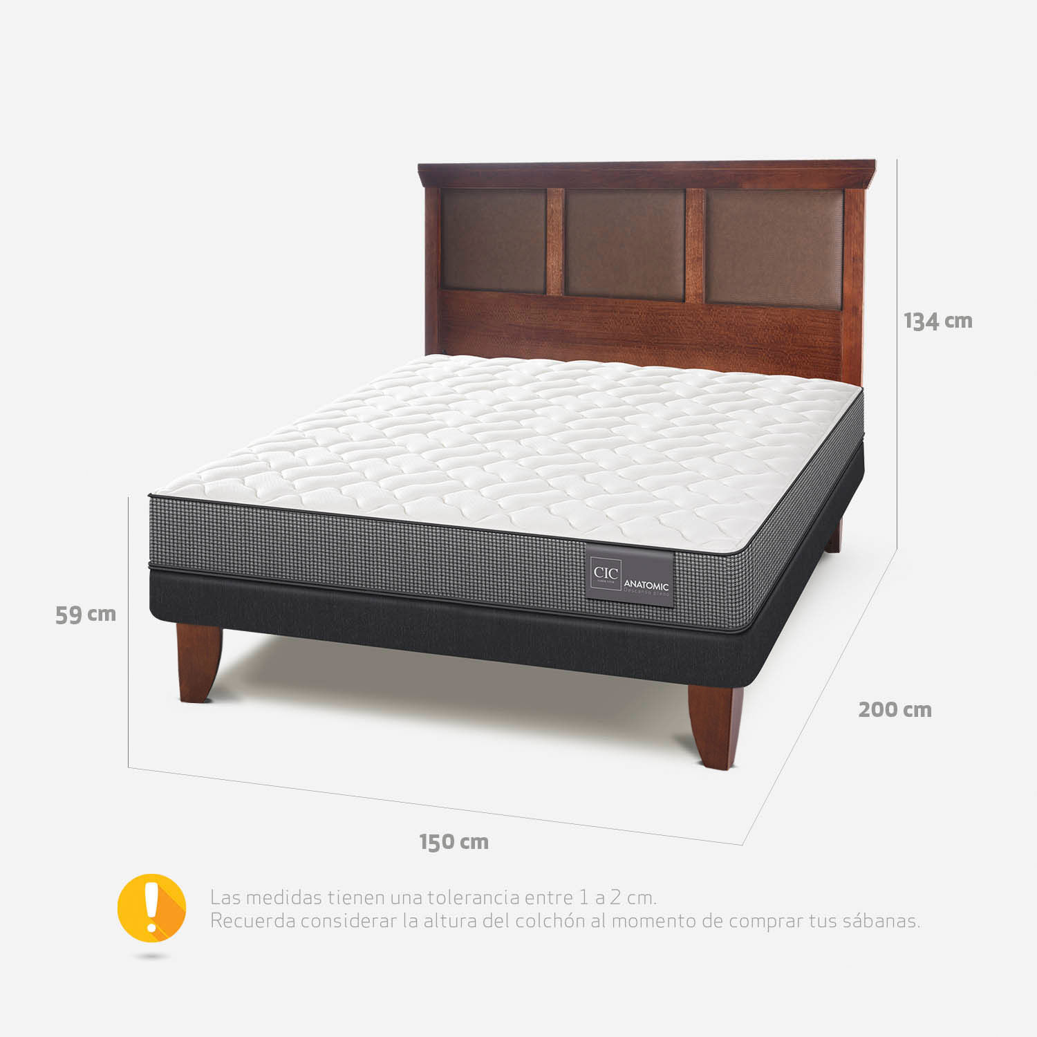 Cama Europea 2 Plazas Base Normal Anatomic + Respaldo Torino Caramel