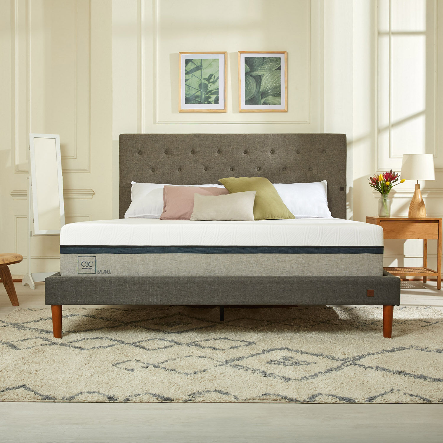 Cama Europea Curve 2 Plazas Balance + Sabanas + Plum&oacute;n + Almohadas