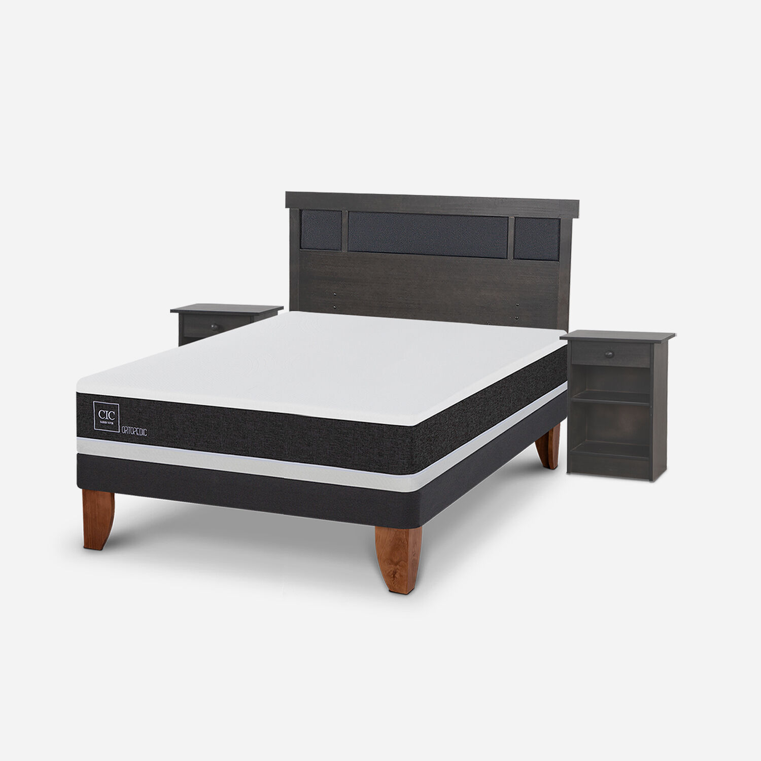 Cama Europea 2 Plazas Ortopedic Base Normal + Set Dublín Gris