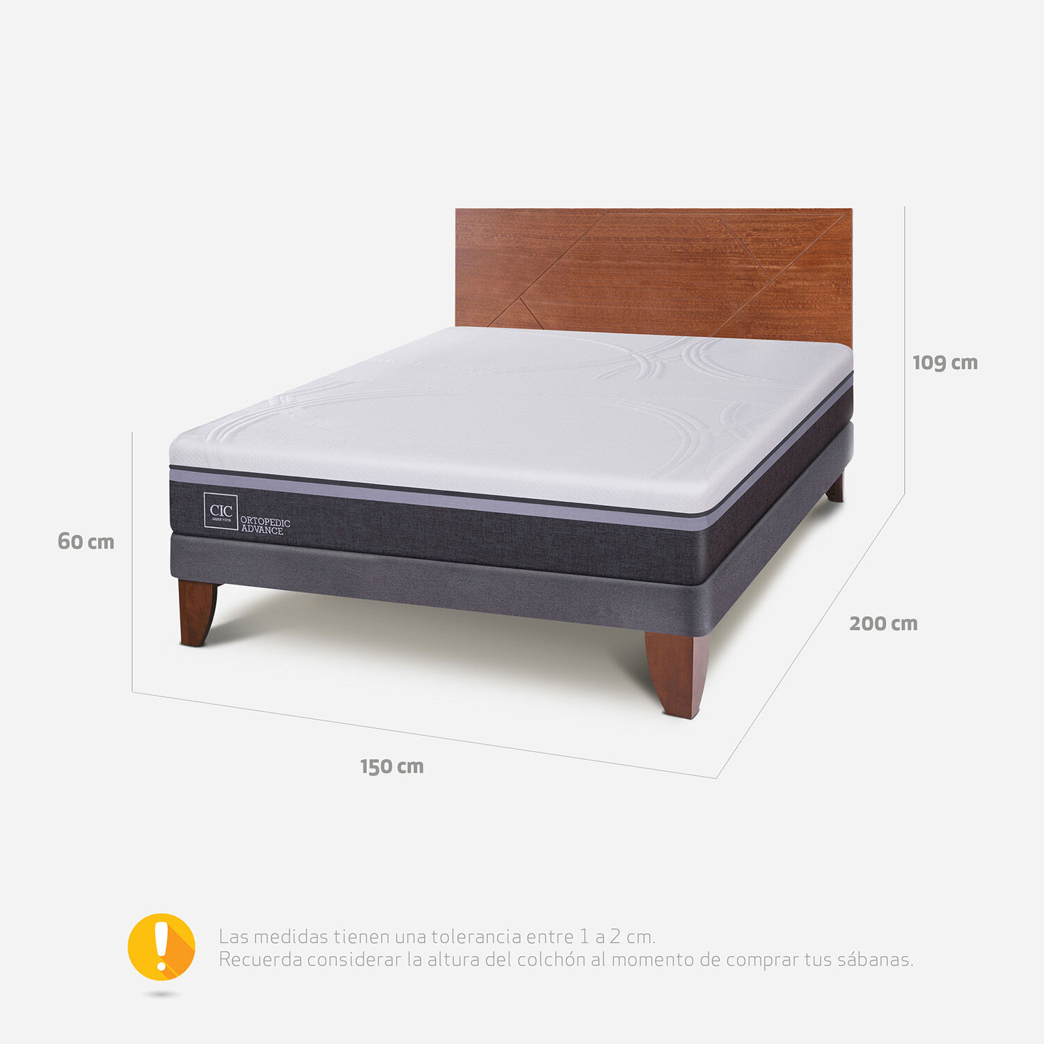 Cama Europea 2 Plazas Base Normal Ortopedic Advance + Respaldo Villarrica Caramel
