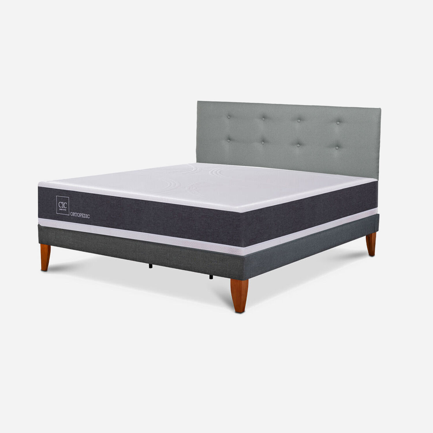 Cama Europea Box New Ortopedic 2 Plazas + Respaldo Tapiz Gris