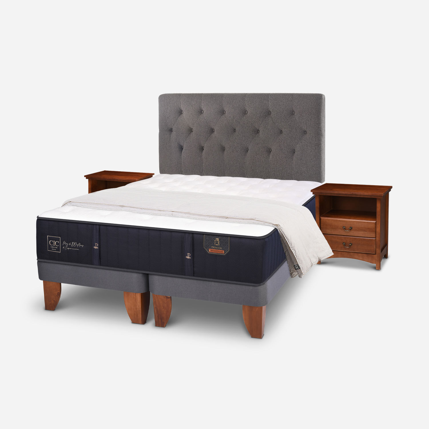 Cama Europea 2 Plazas Premium Base Dividida + Set Kaveri + Plum&oacute;n 15% Pluma de Ganso