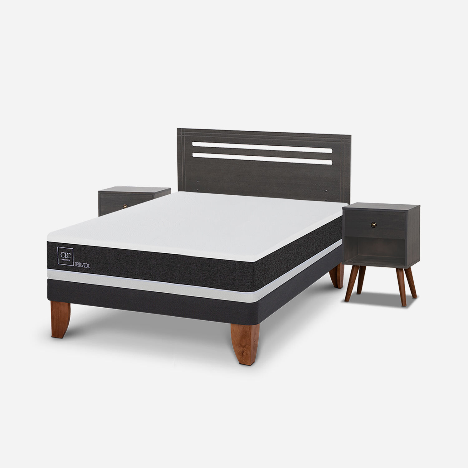 Cama Europea 2 Plazas Ortopedic Base Normal + Set Múnich Gris