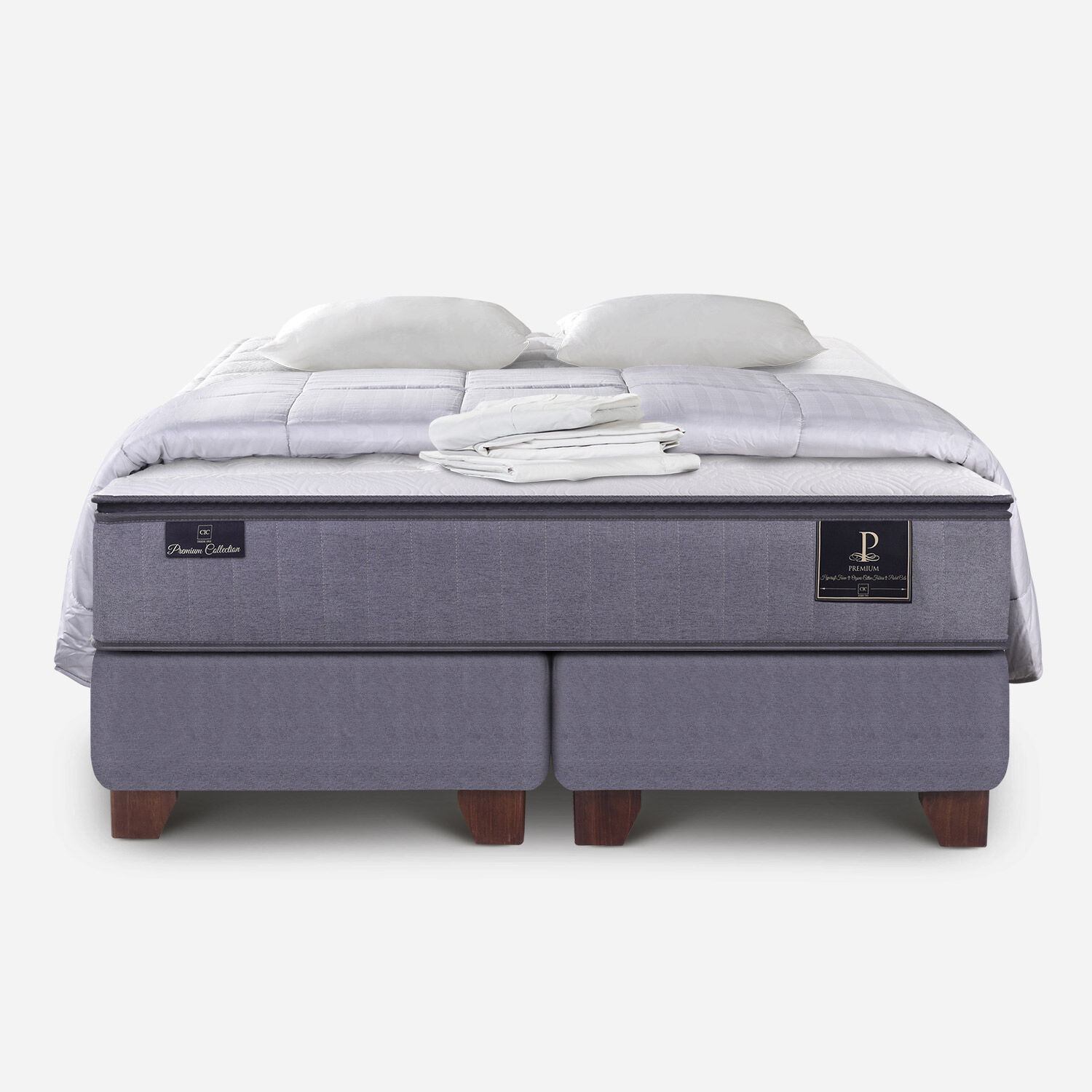 Box Spring 2 Plazas Premium Base Dividida + Almohadas + Plum&oacute;n + S&aacute;banas
