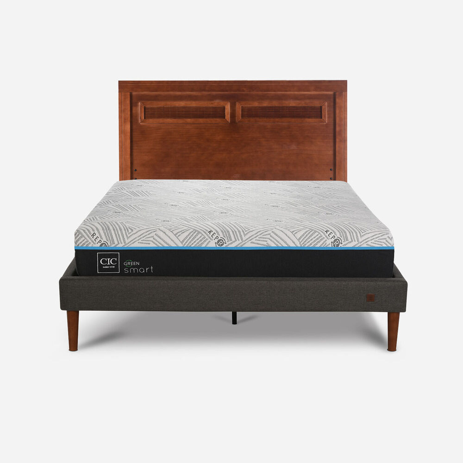 Cama Europea Curve 2 Plazas Infinity Green + Respaldo Mil&aacute;n Caramel