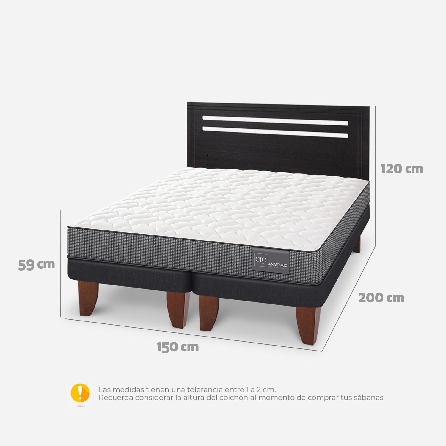 Cama Europea 2 Plazas Anatomic Base Dividida + Respaldo Múnich Negro