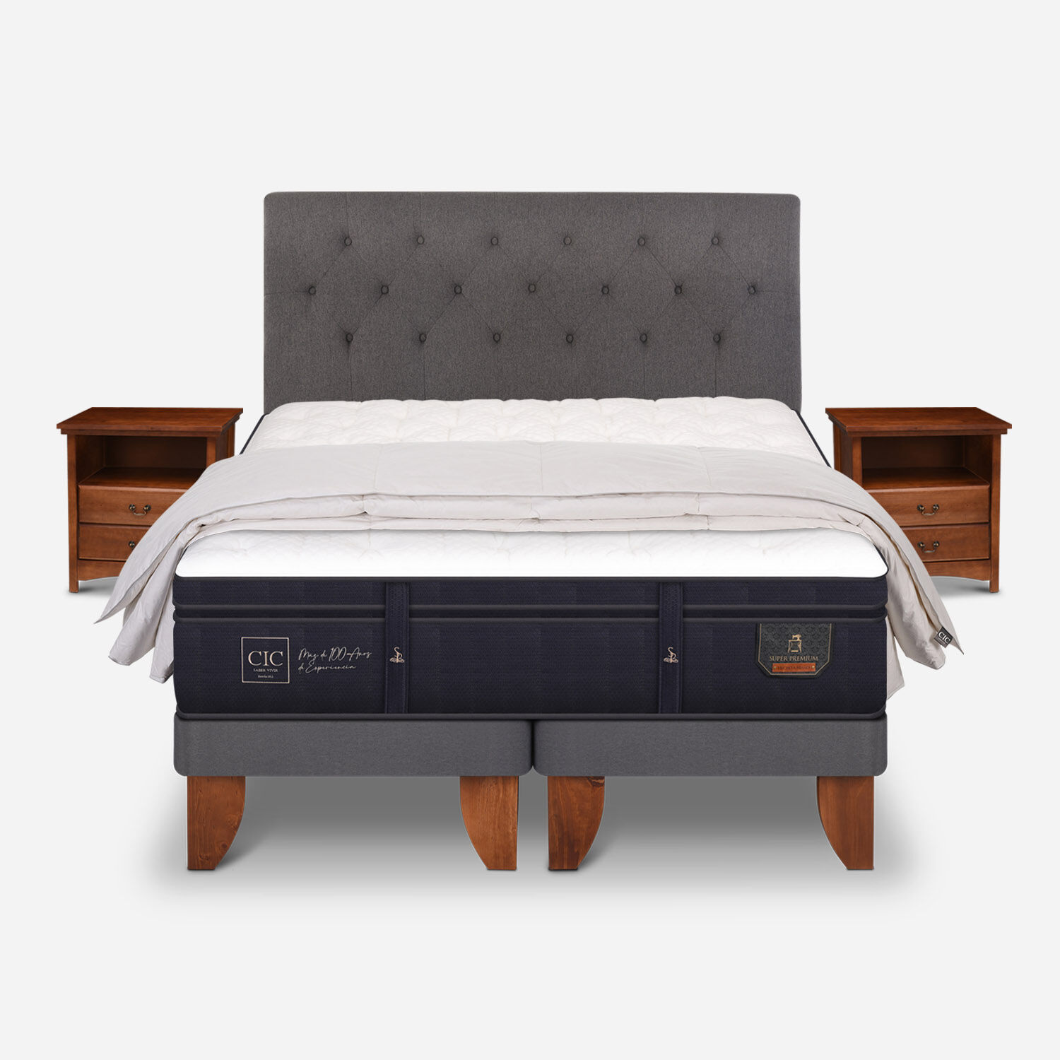 Cama Europea 2 Plazas Super Premium Base Dividida + Set Kaveri + Plum&oacute;n 100% Pluma de Ganso
