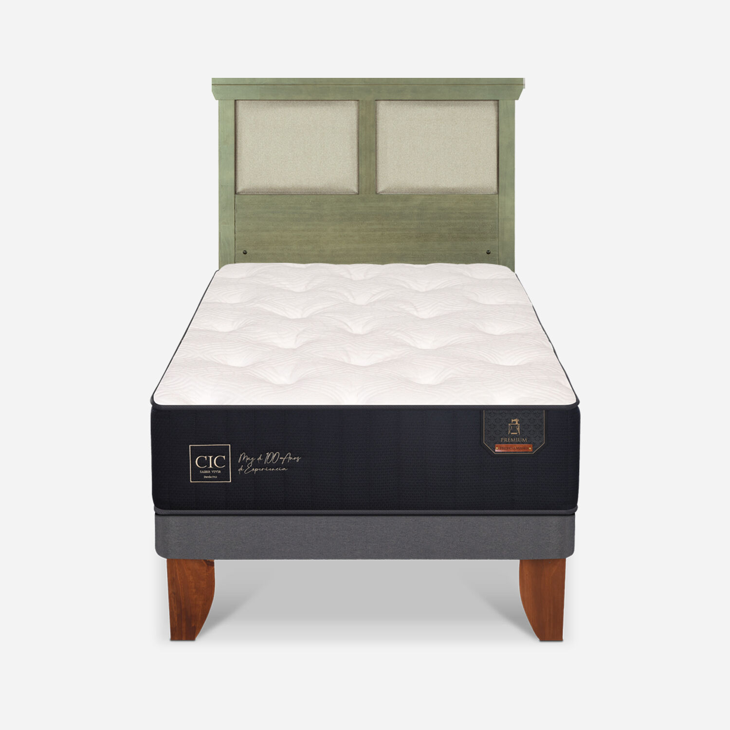 Cama Europea 1,5 Plazas Premium + Respaldo Torino Olivo