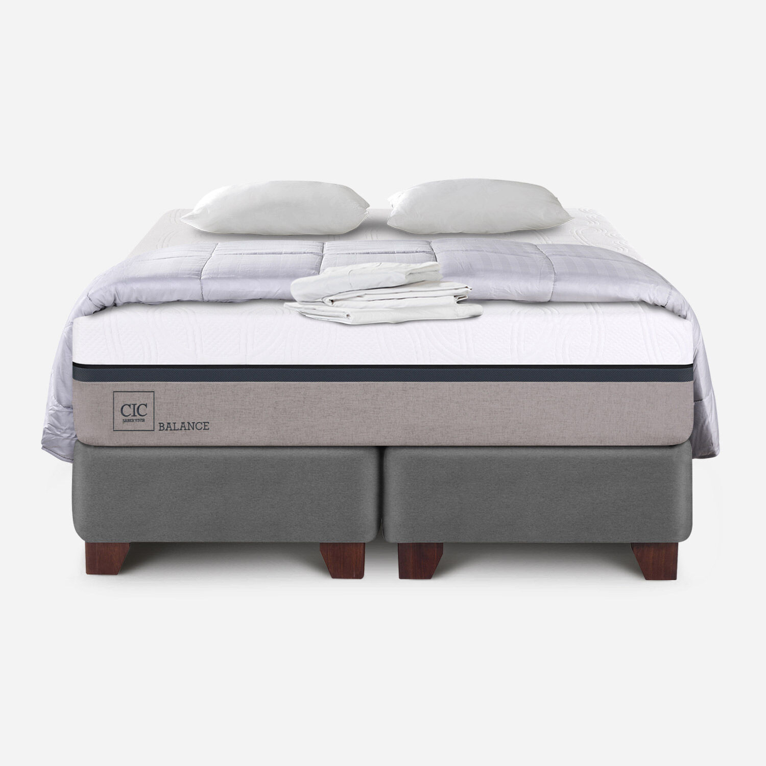 Box Spring King Balance + Almohadas + Plum&oacute;n + S&aacute;banas