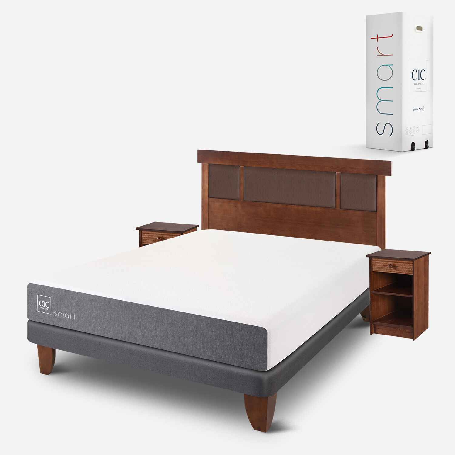 Cama Europea 2 Plazas Smart Base Normal + Set Dubl&iacute;n Caramel