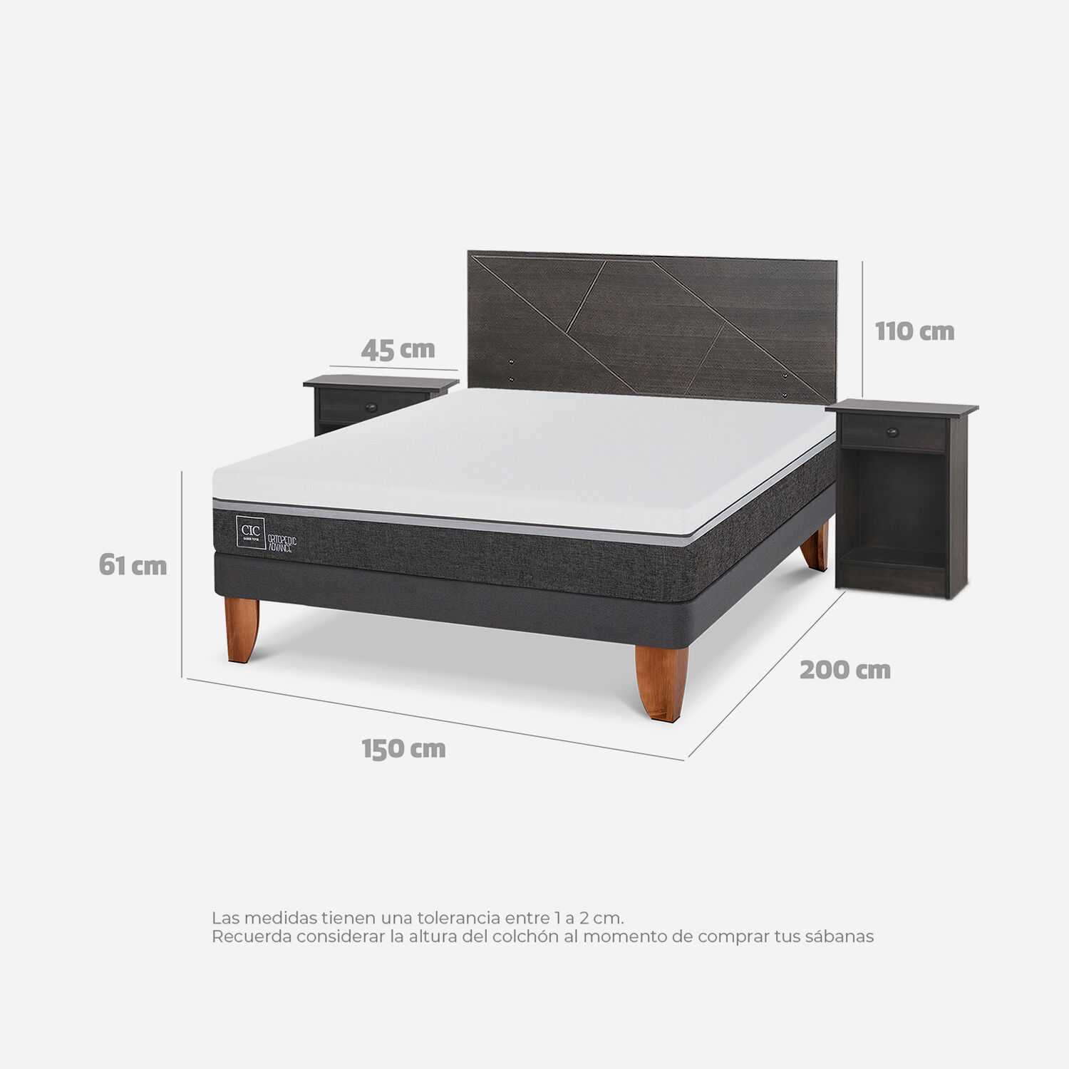 Cama Europea 2 Plazas Ortopedic Advance Base Normal + Set Villarrica Gris