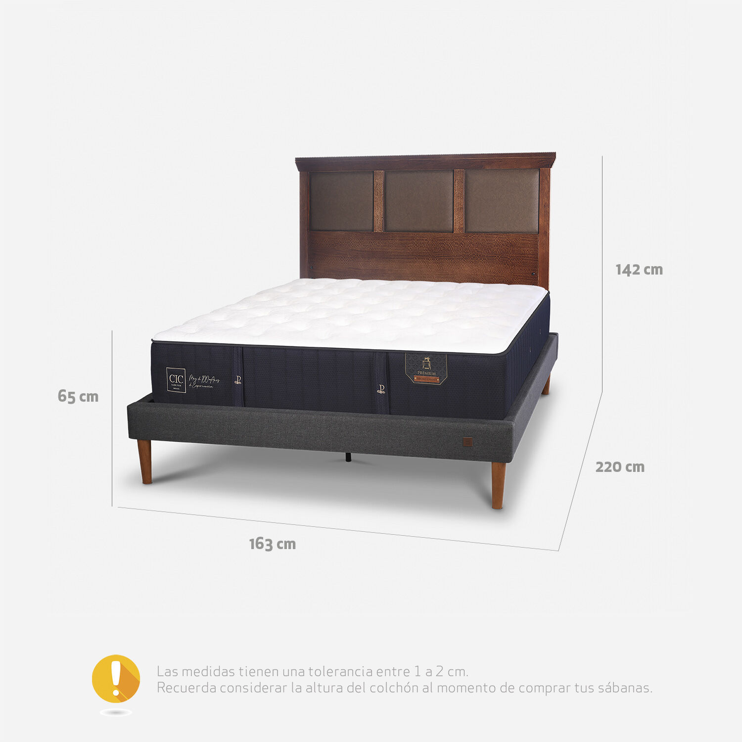 Cama Europea Curve 2 Plazas Premium + Respaldo New Torino Caramel