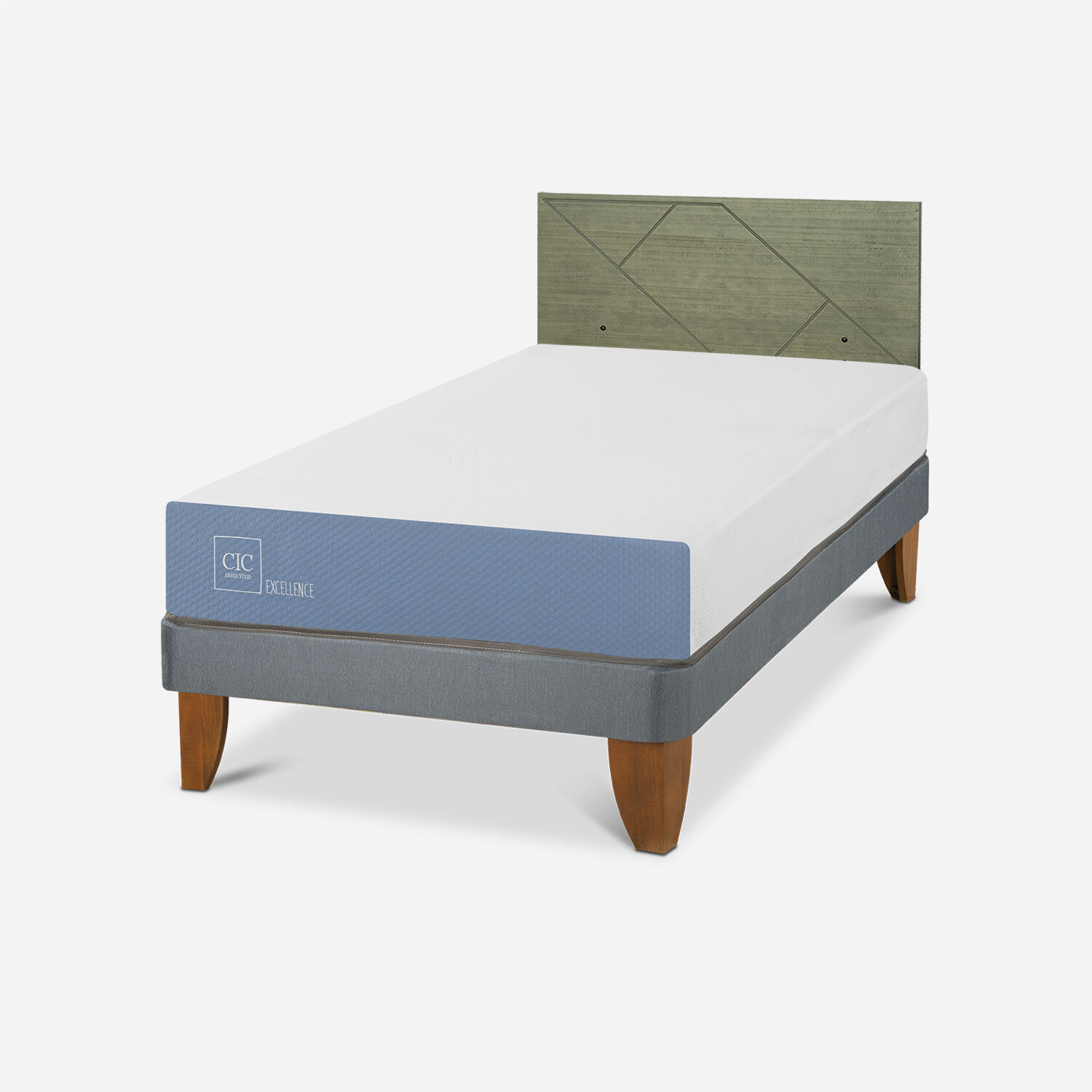 Cama Europea 1,5 Plazas Excellence + Respaldo Villarrica Olivo