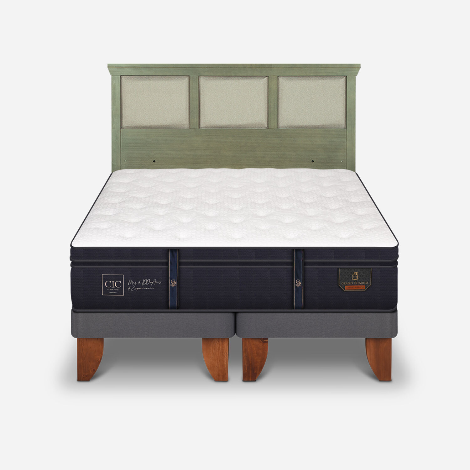 Cama Europea 2 Plazas Grand Premium Base Dividida + Respaldo Torino Olivo