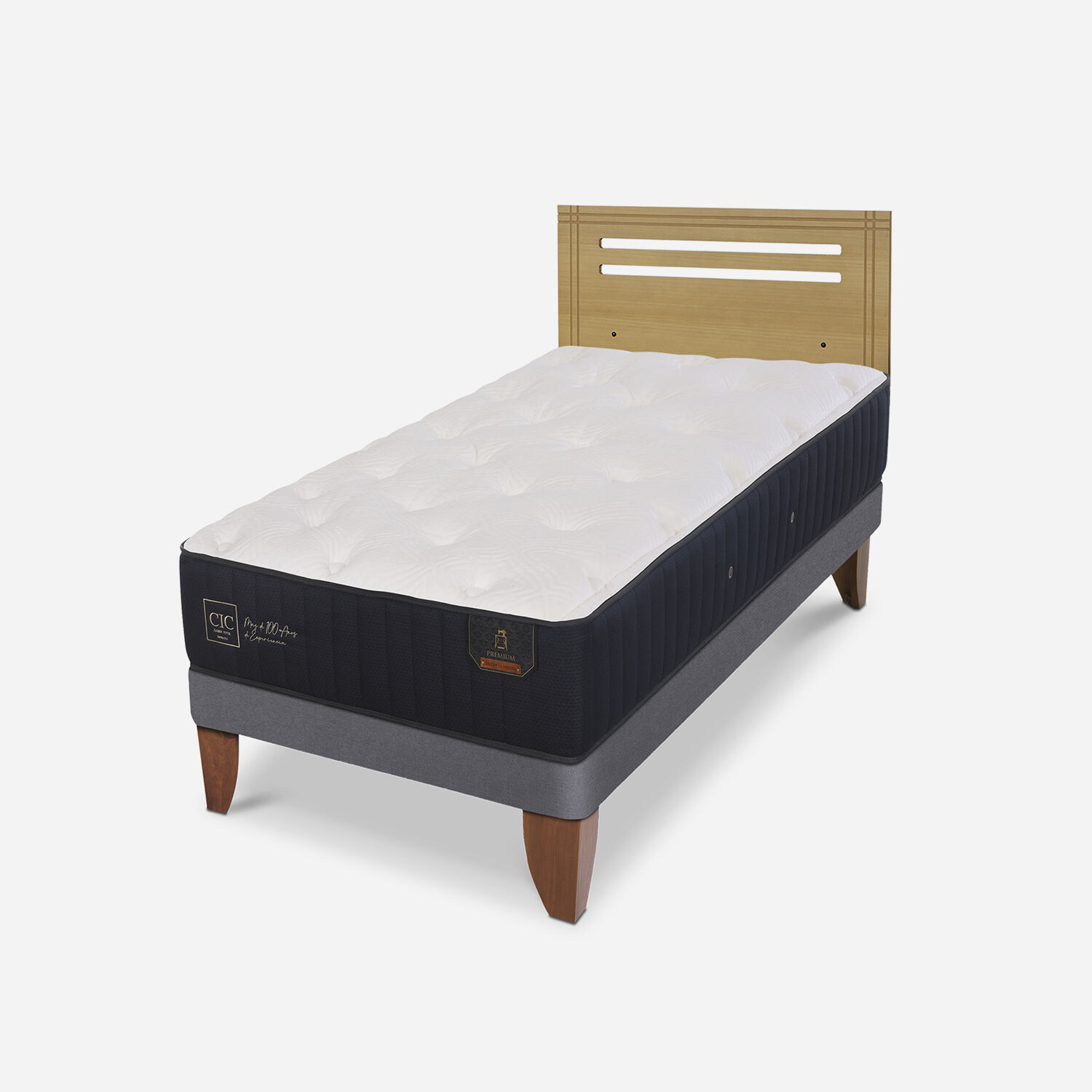 Cama Europea 1,5 Plazas Premium + Respaldo Múnich Mostaza