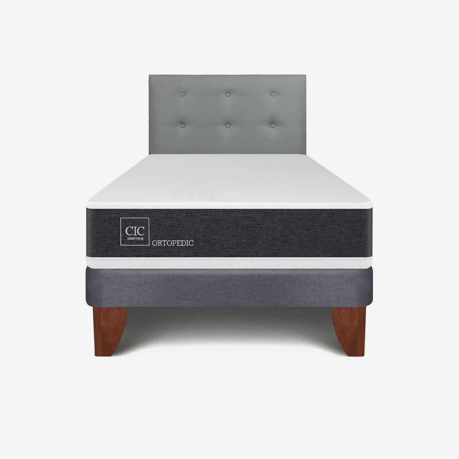Cama Europea 1.5 Plazas New Ortopedic + Respaldo Tapizado Gris