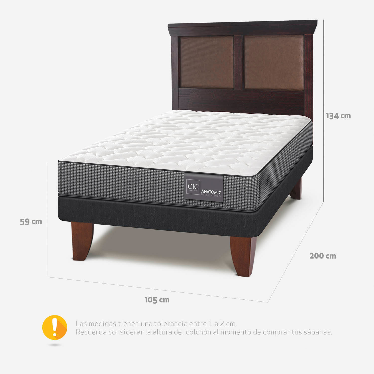 Cama Europea 1,5 Plazas Anatomic + Respaldo Torino Chocolate