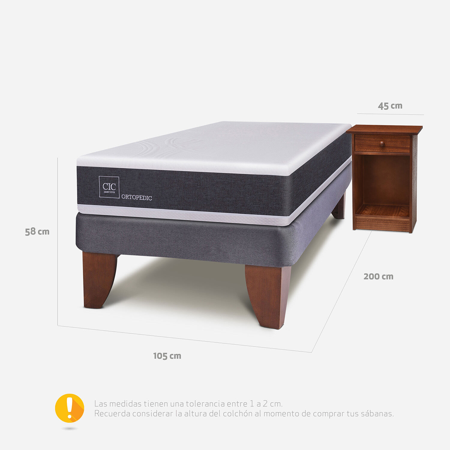 Cama Europea 1,5 Plazas Ortopedic + Velador New Villarrica