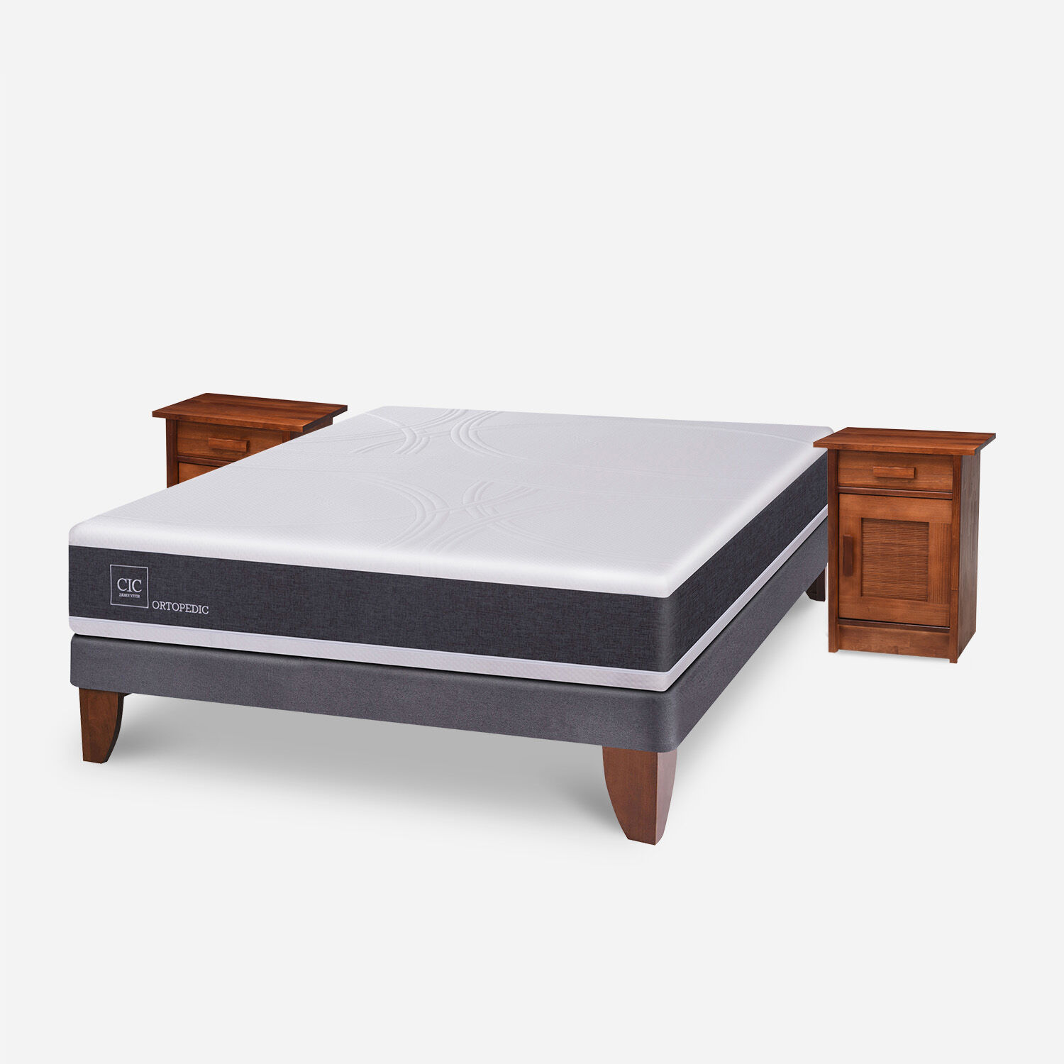 Cama Europea 2 Plazas Ortopedic Base Normal + Veladores Mil&aacute;n Caramel