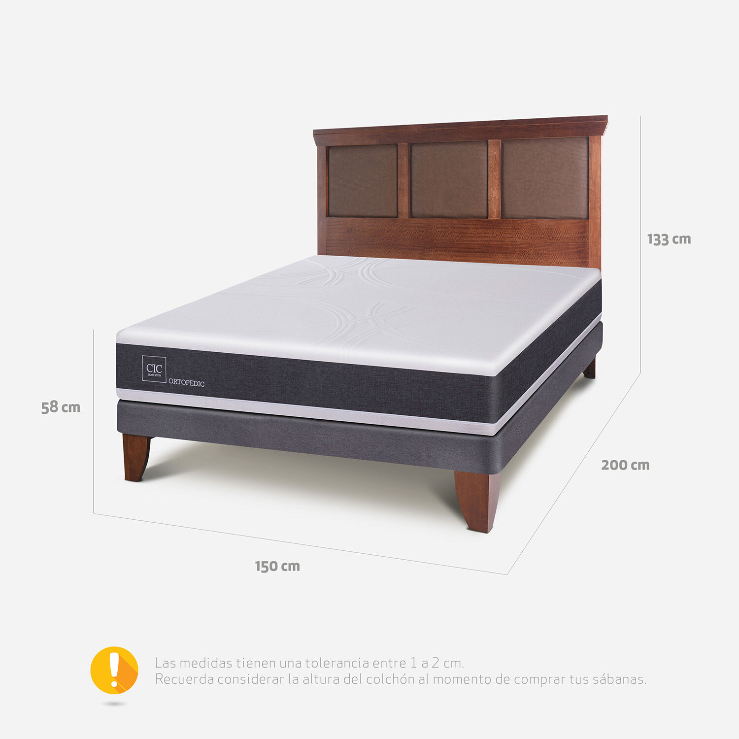 Cama Europea 2 Plazas Base Normal Ortopedic + Respaldo Torino Caramel