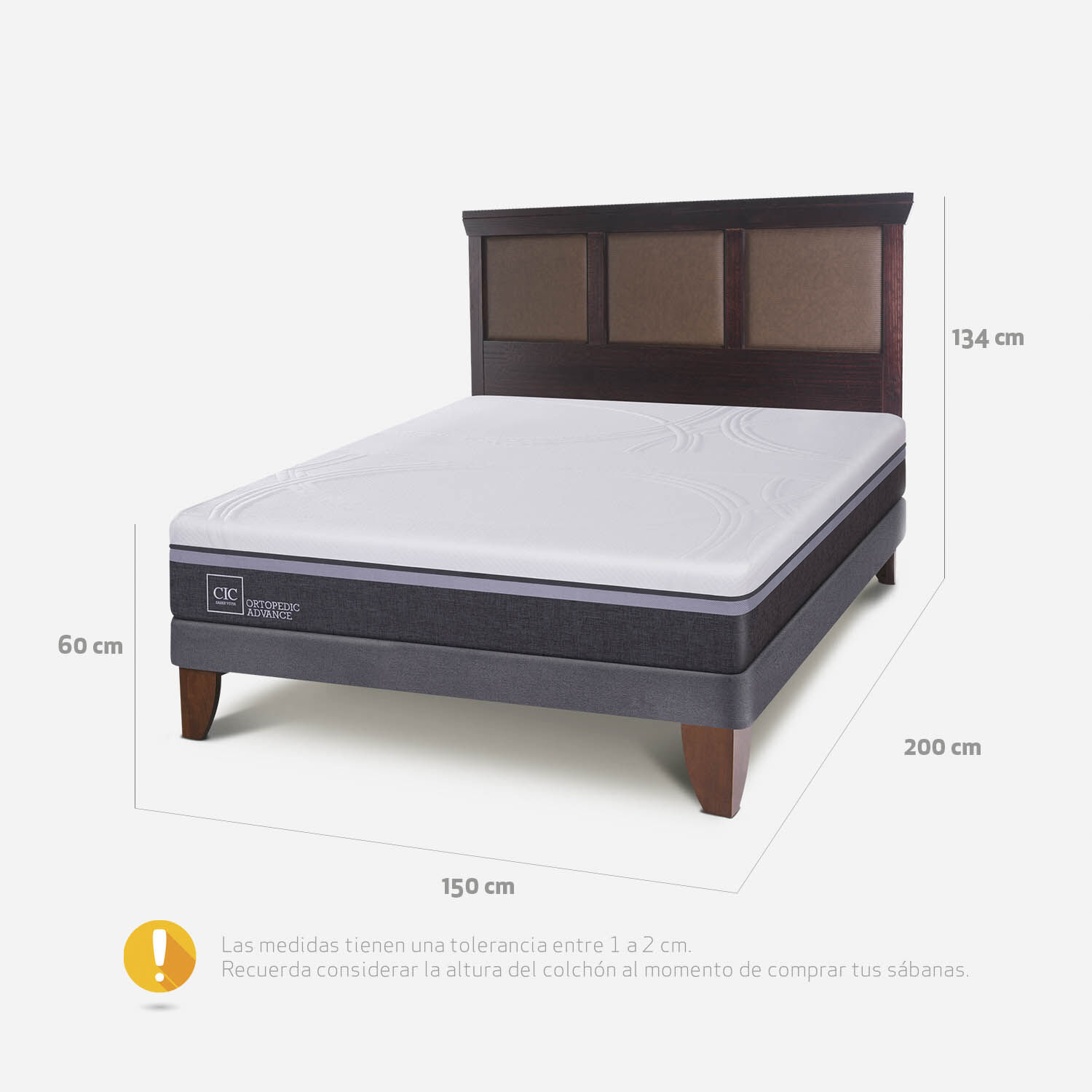 Cama Europea 2 Plazas Base Normal Ortopedic Advance + Respaldo Torino Chocolate