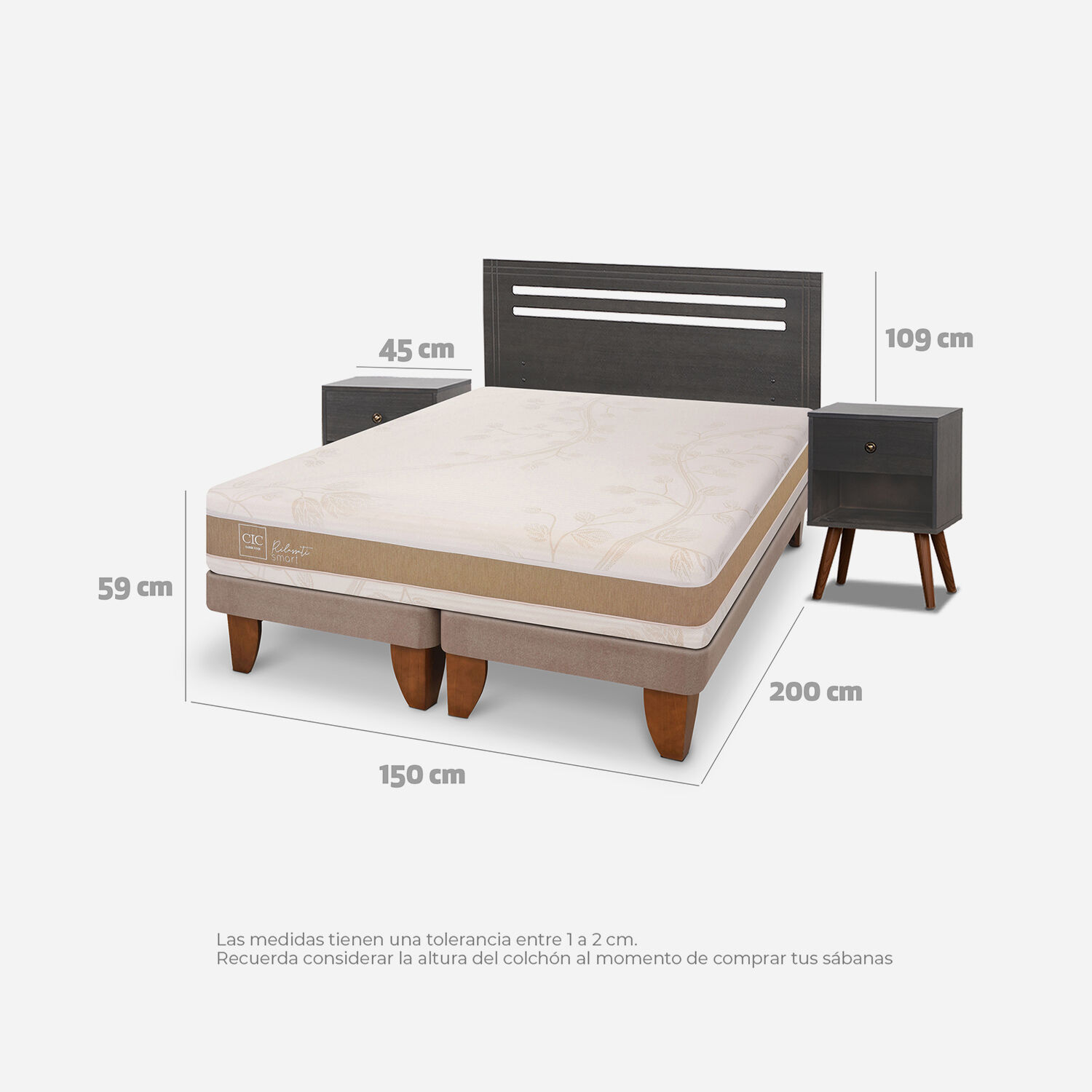 Cama Europea 2 Plazas Rilassati Infinity Set M&uacute;nich Gris