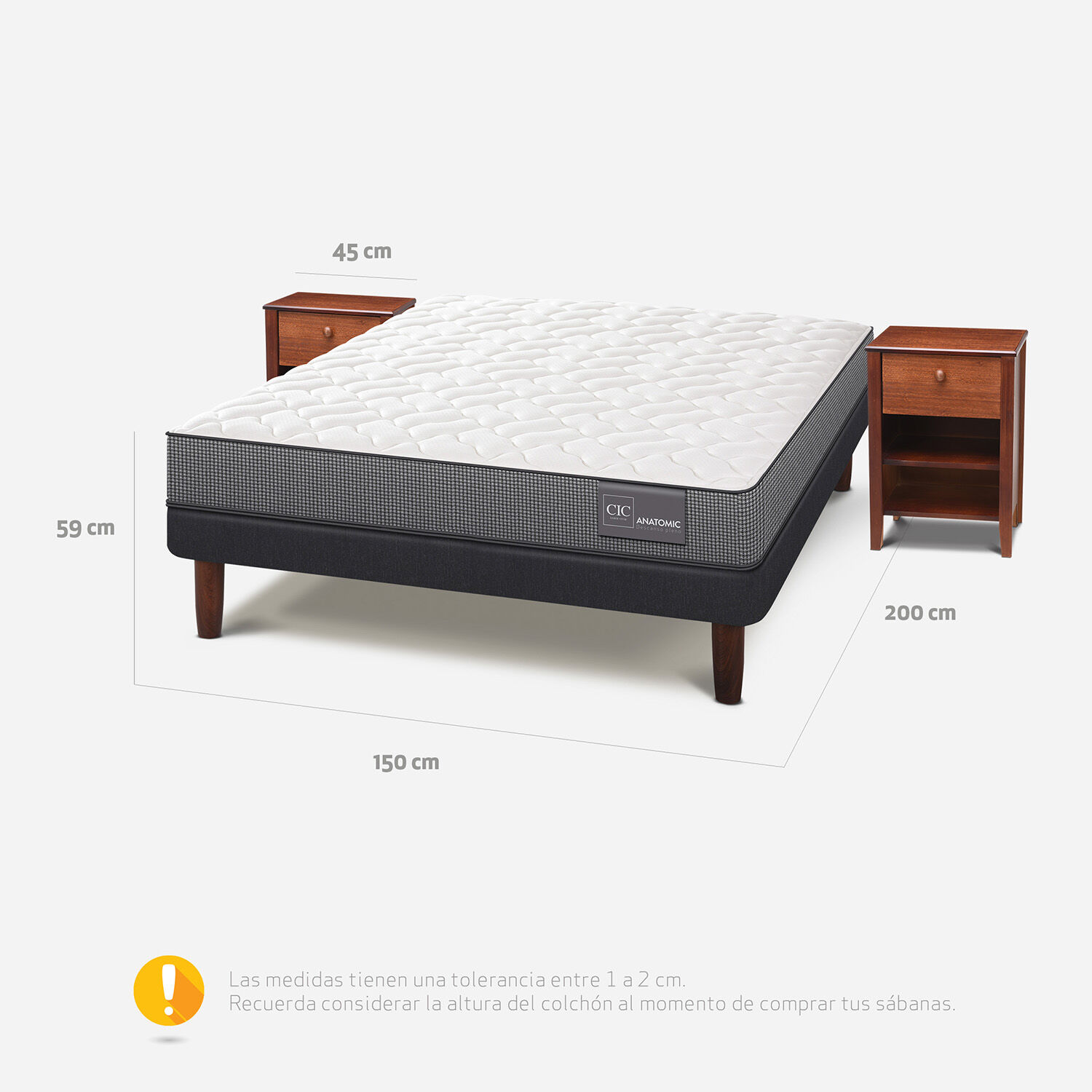 Cama Europea 2 Plazas Base Normal Anatomic + Veladores Torino Caramel
