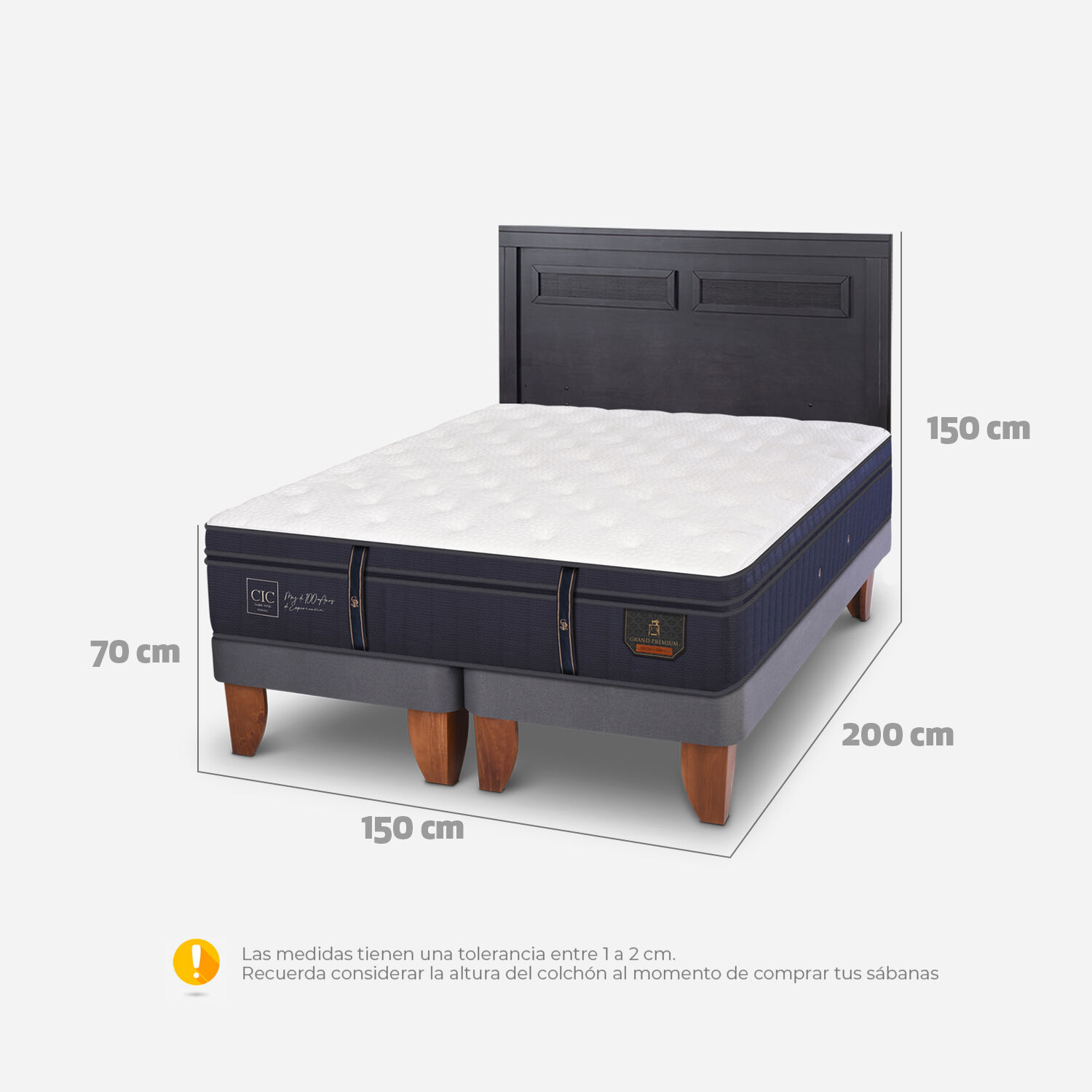 Cama Europea 2 Plazas Grand Premium Base Dividida + Respaldo Mil&aacute;n Negro