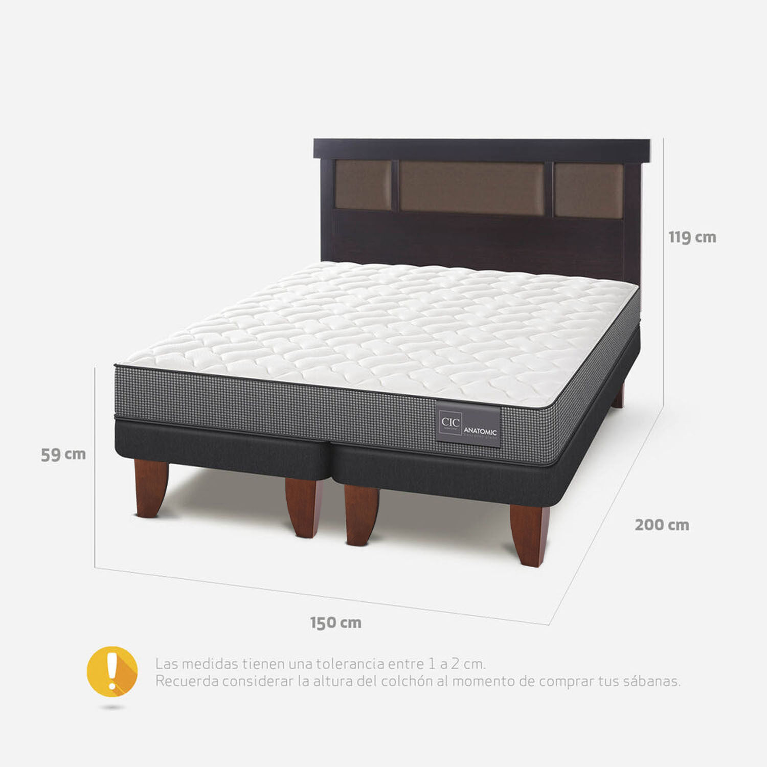 Cama Europea 2 Plazas Base Dividida Anatomic + Respaldo Dublín Choc