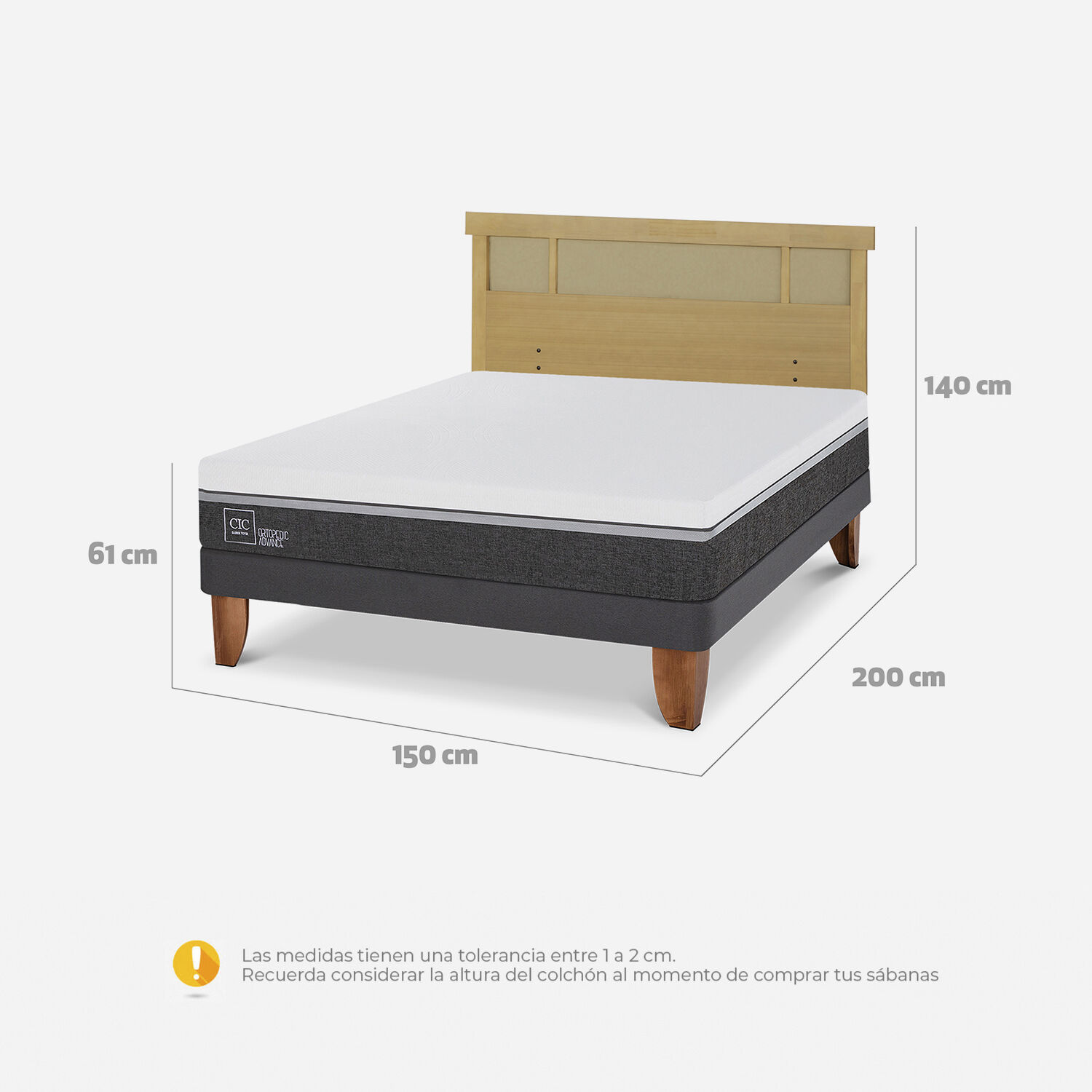 Cama Europea 2 Plazas Ortopedic Advance Base Normal + Respaldo Dublín Mostaza