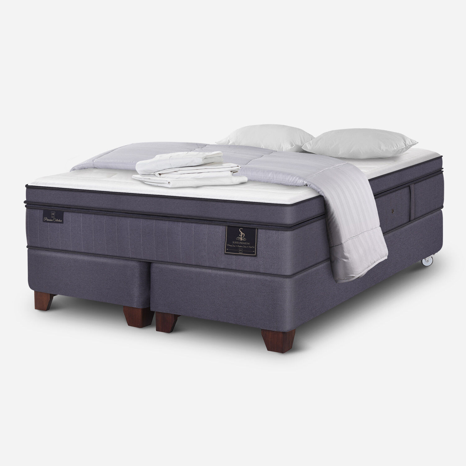 Box Spring 2 Plazas Super Premium Base Dividida + Almohadas Viscoel&aacute;sticas + S&aacute;banas + Plum&oacute;n