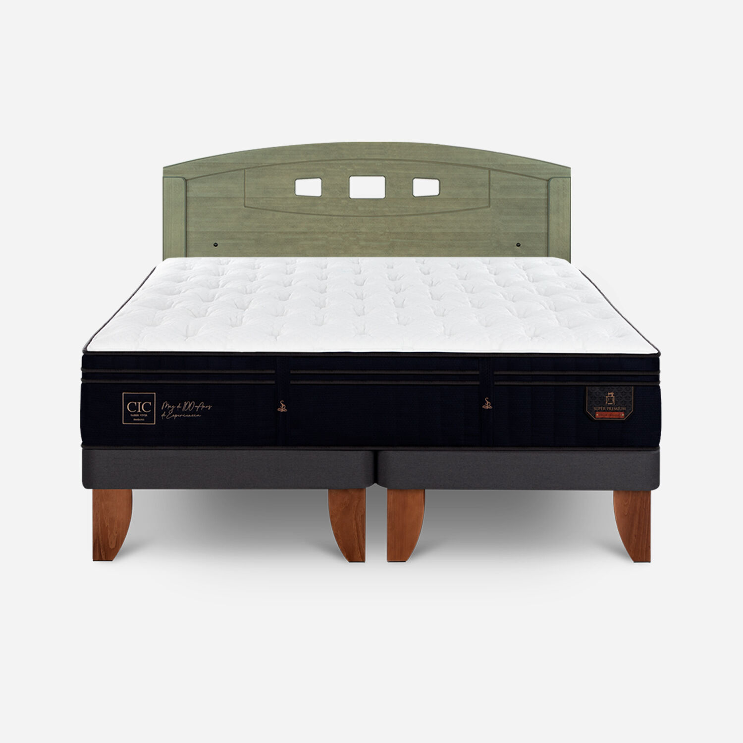 Cama Europea 2 Plazas Super Premium Base Dividida + Respaldo Gales Olivo