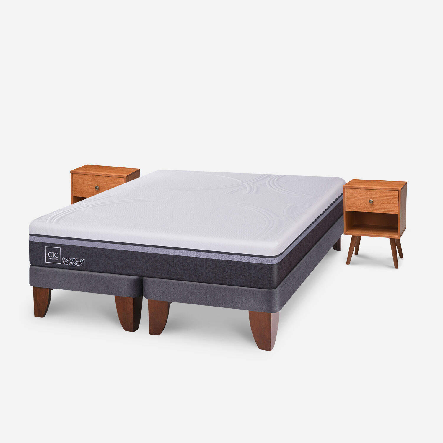 Cama Europea 2 Plazas Ortopedic Advance Base Dividida + Veladores Gales Caramel