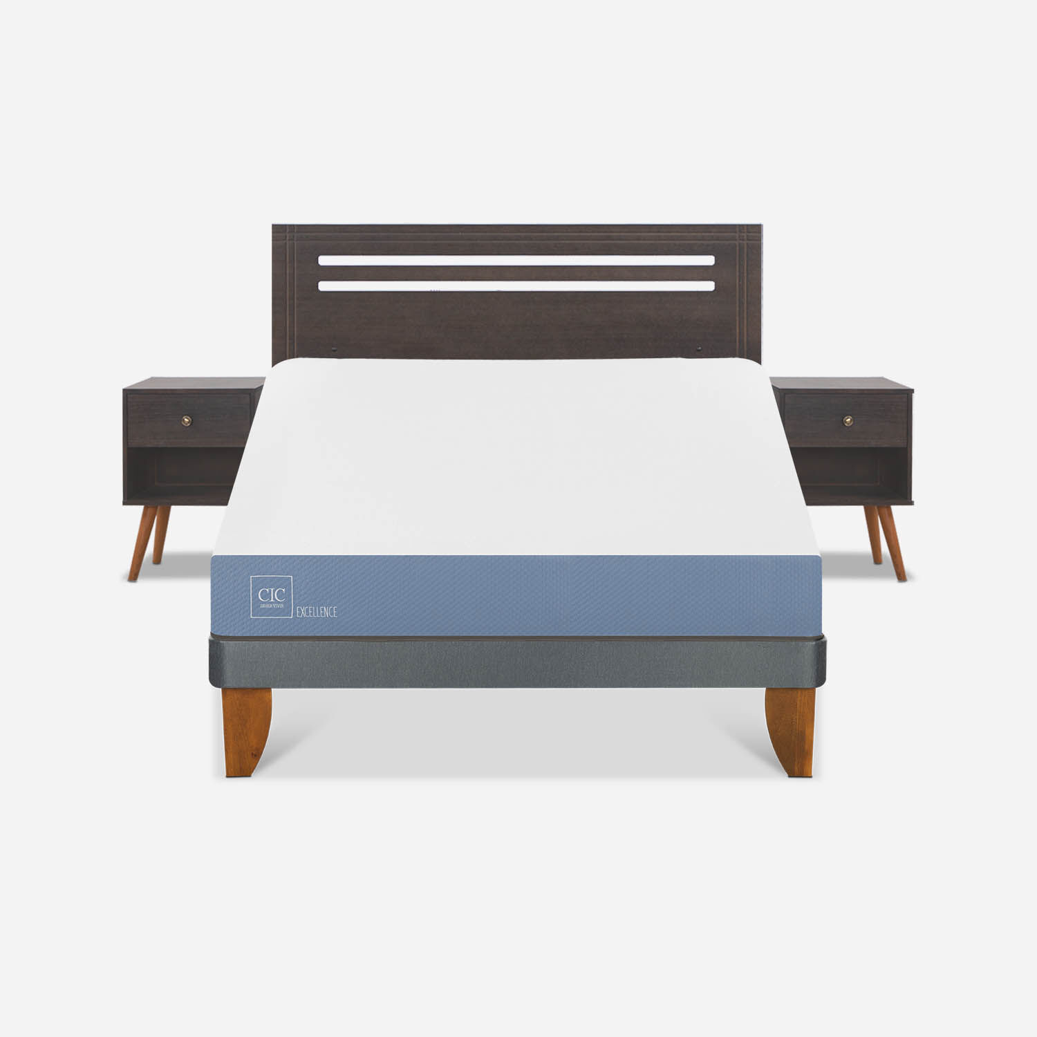 Cama Europea 2 Plazas Excellence Base Normal + Set M&uacute;nich Gris