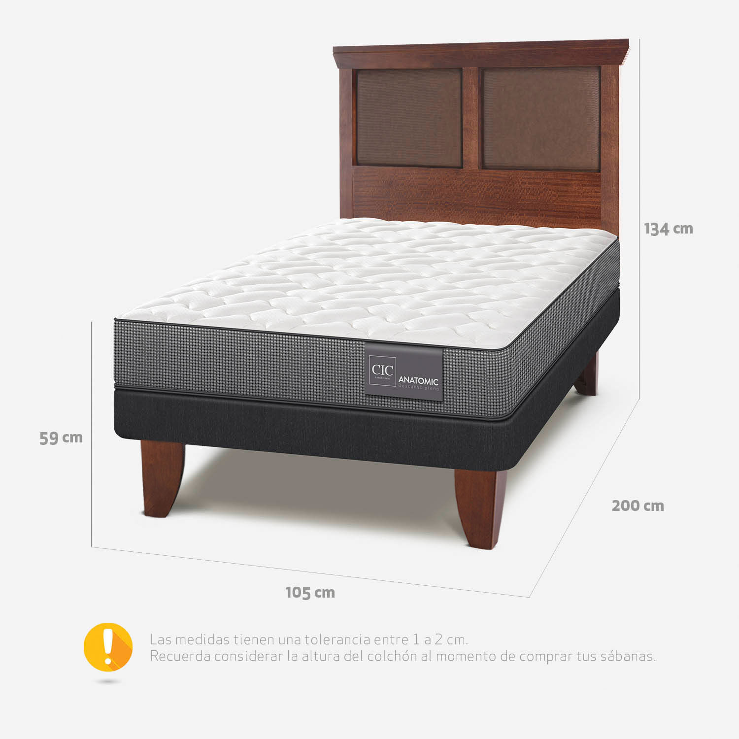 Cama Europea 1,5 Plazas Anatomic + Respaldo Torino Caramel