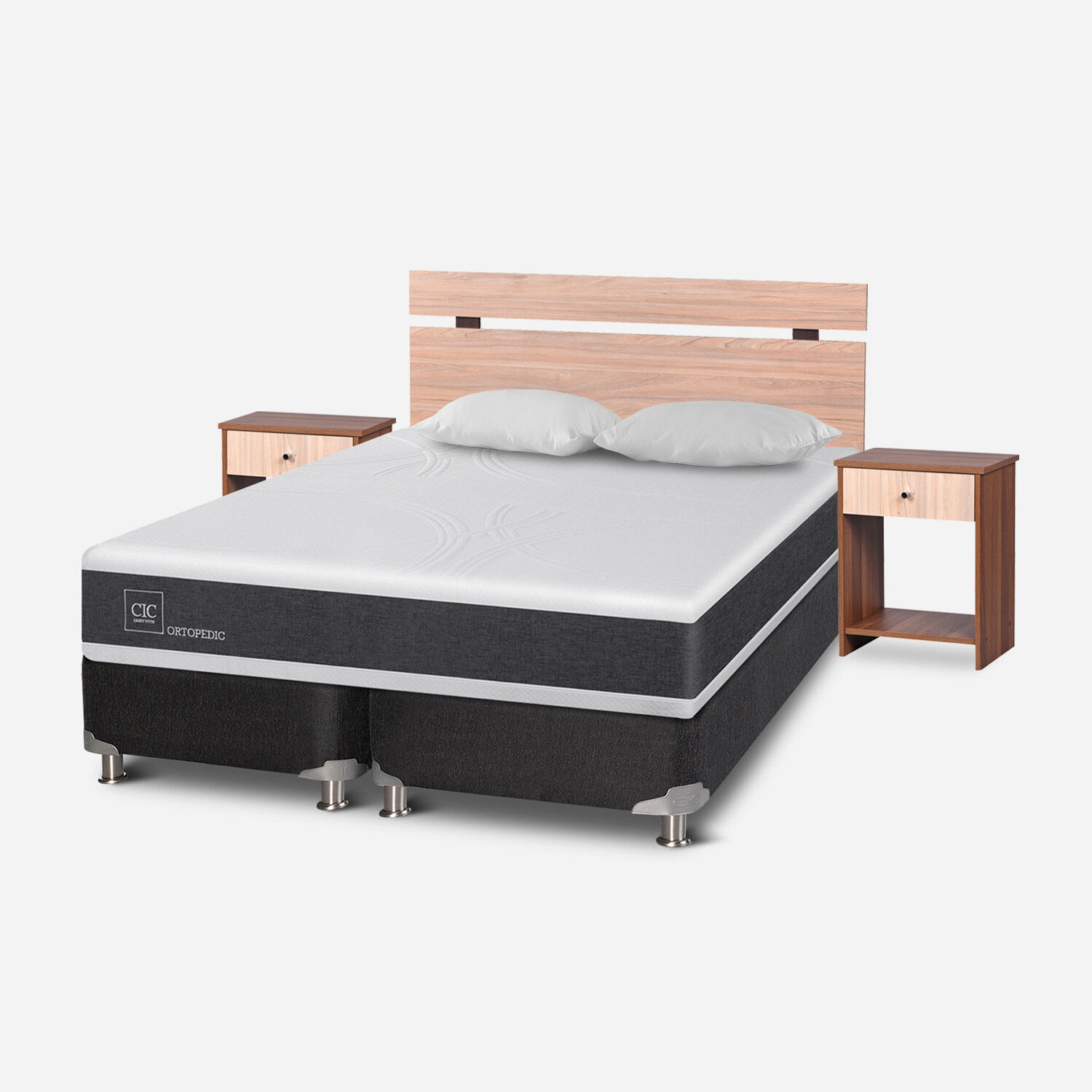 Box Spring 2 Plazas Ortopedic Base Dividida 5 Zonas + Almohadas + Set Olmo
