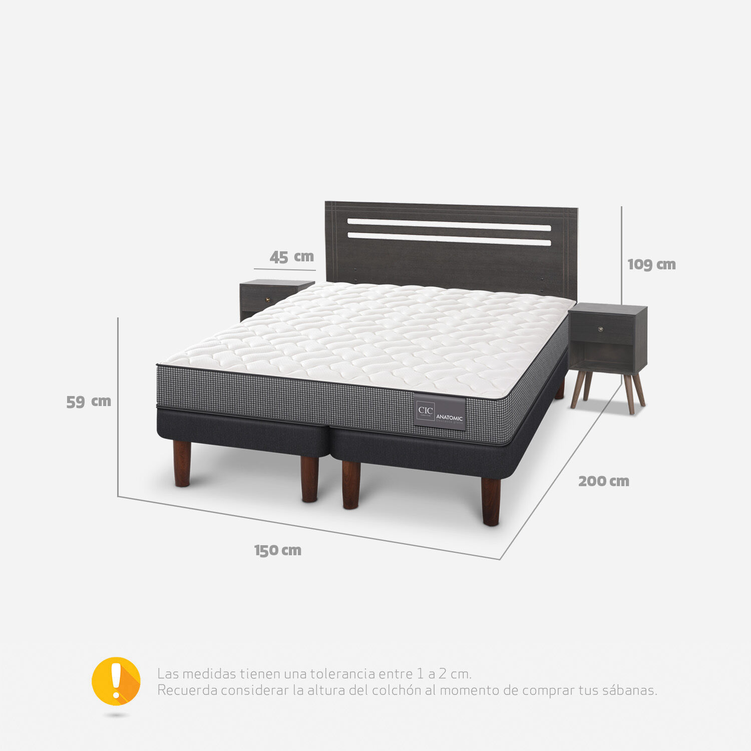 Cama Europea 2 Plazas Anatomic Base Dividida + Set Munich Gris