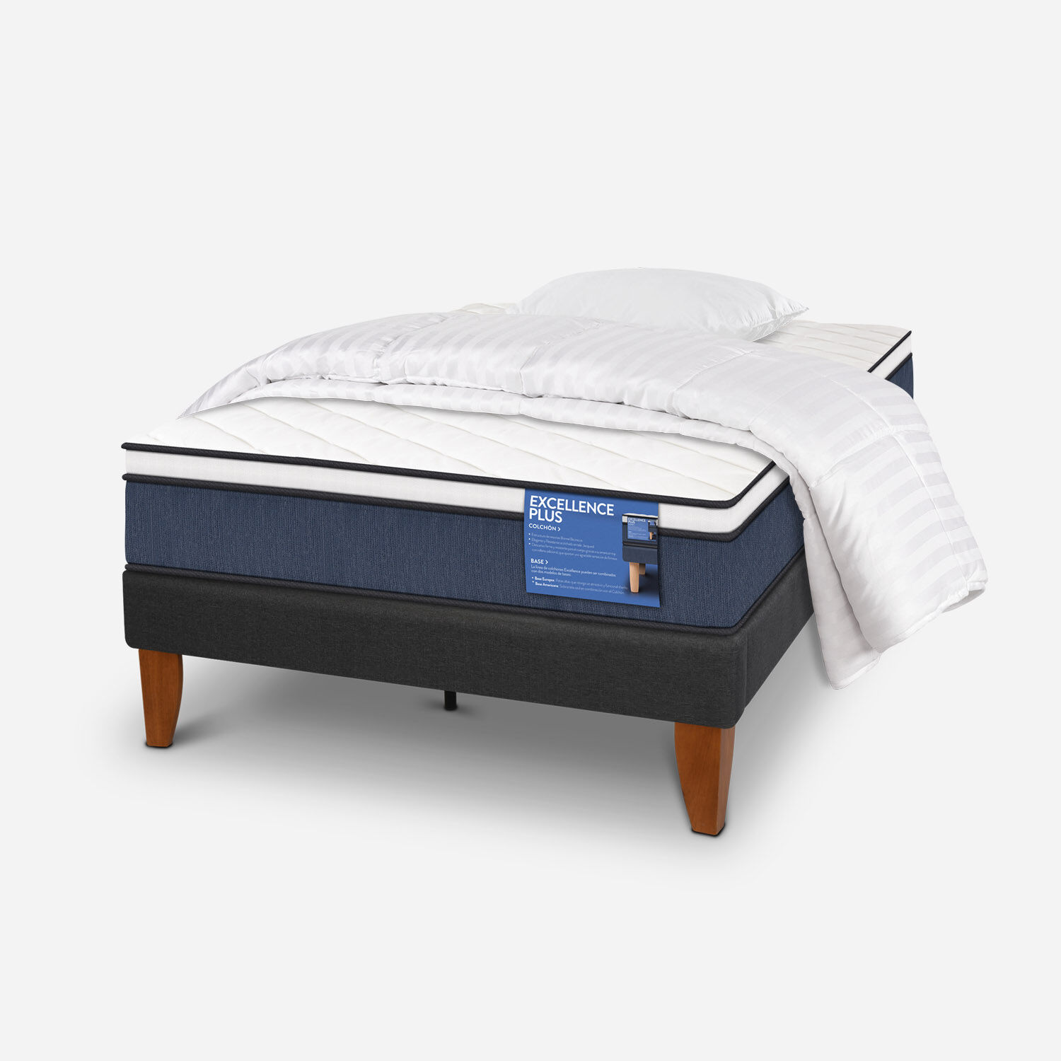 Cama Europea Curve 1,5 Plazas Excellence Plus + Plum&oacute;n + Almohada