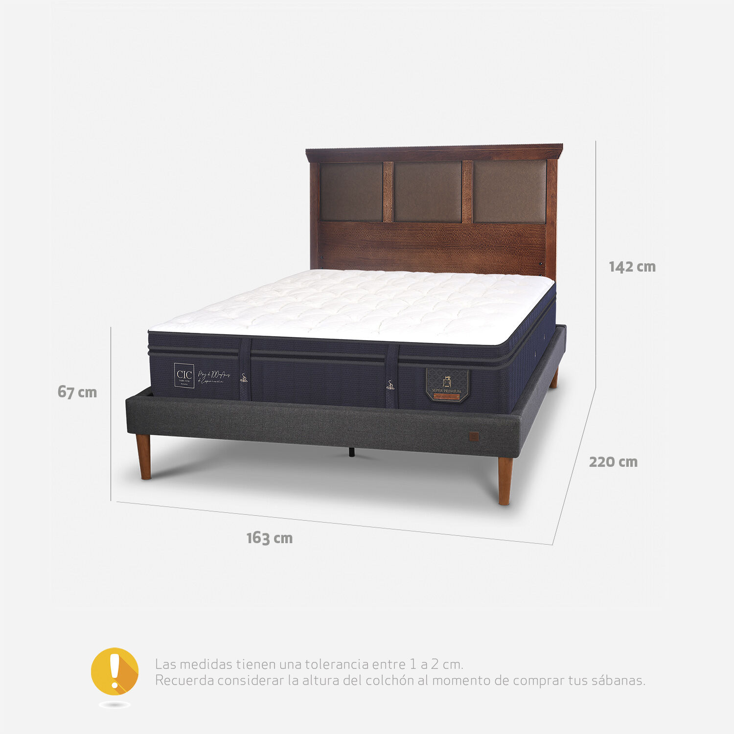 Cama Europea Curve 2 Plazas Super Premium + Respaldo Torino Caramel