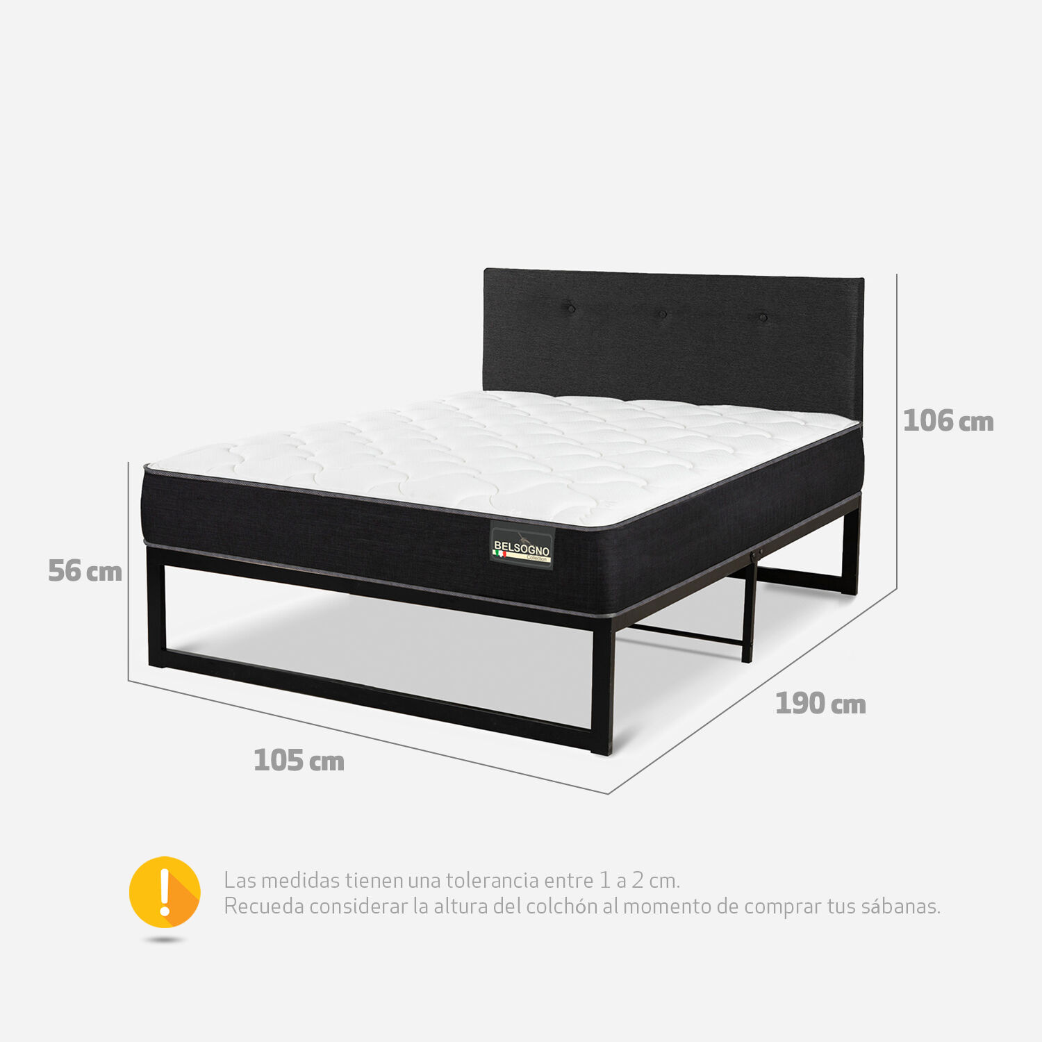Cama Iron Smart Belsogno 1,5 Plazas Plus Black con Respaldo Black