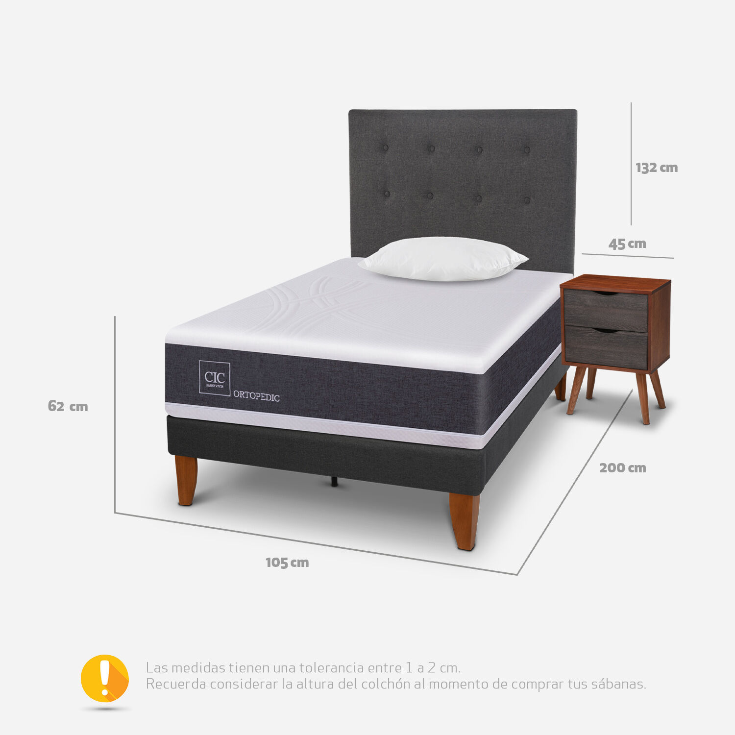 Cama Europea Curve 1,5 Plazas Ortopedic + Set &Eacute;ufrates + Almohada Viscoel&aacute;stica