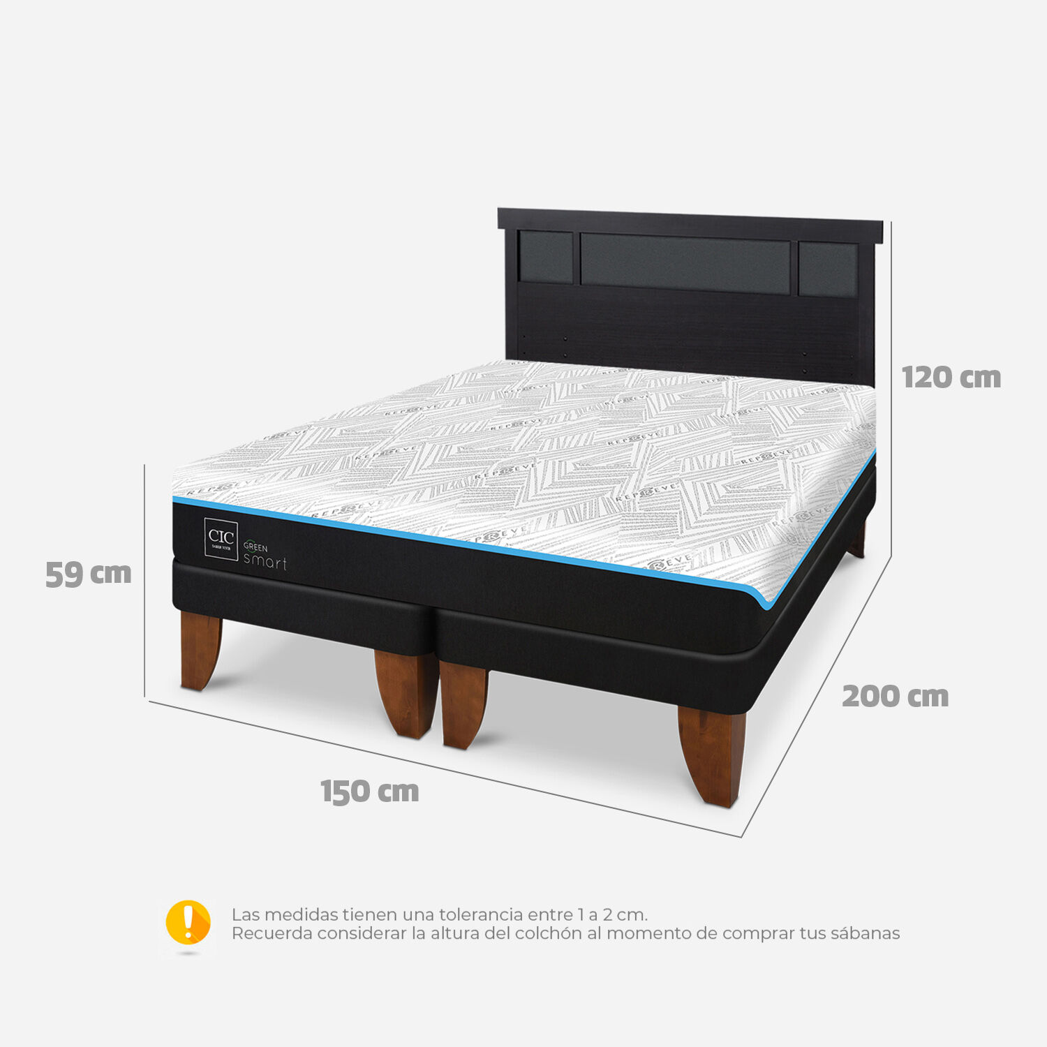 Cama Europea 2 Plazas Green Infinity Base Dividida + Respaldo Dublín Negro