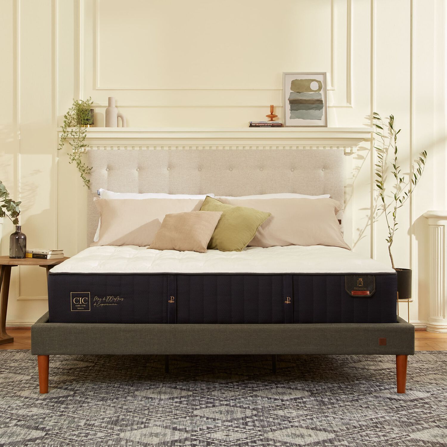 Cama Europea Curve 2 Plazas Premium + Plum&oacute;n + S&aacute;banas + Almohadas