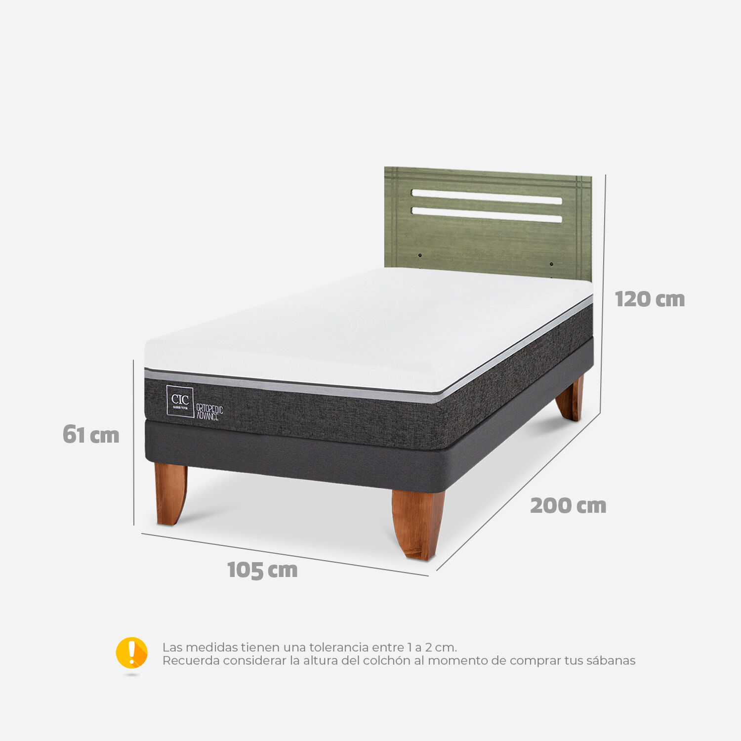 Cama Europea 1,5 Plazas Ortopedic Advance + Respaldo Múnich Olivo