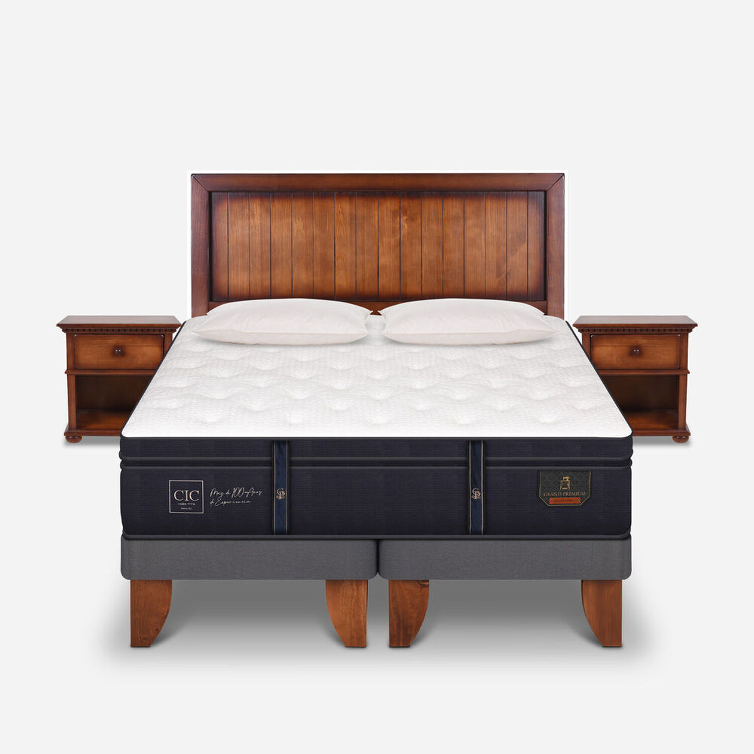 Cama Europea 2 Plazas Base Dividida Grand Premium + Set Monterrey + Almohadas Pluma de Ganso