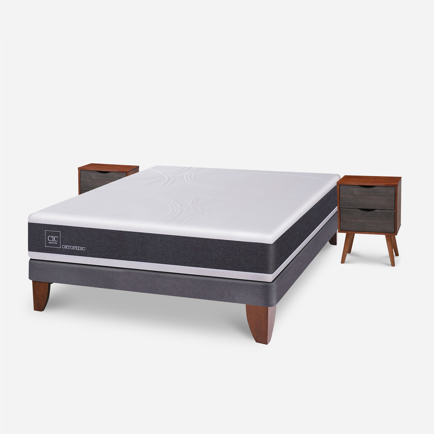 Cama Europea 2 Plazas Base Normal Ortopedic + Veladores Níger