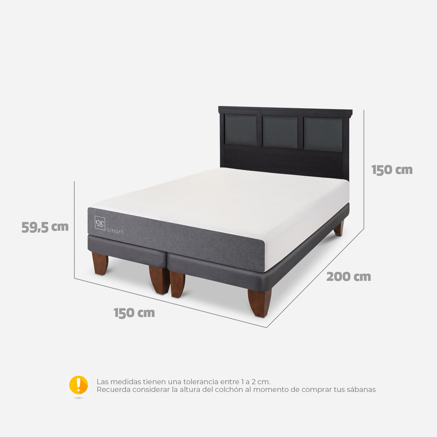 Cama Europea 2 Plazas Smart Base Dividida + Respaldo Torino Negro